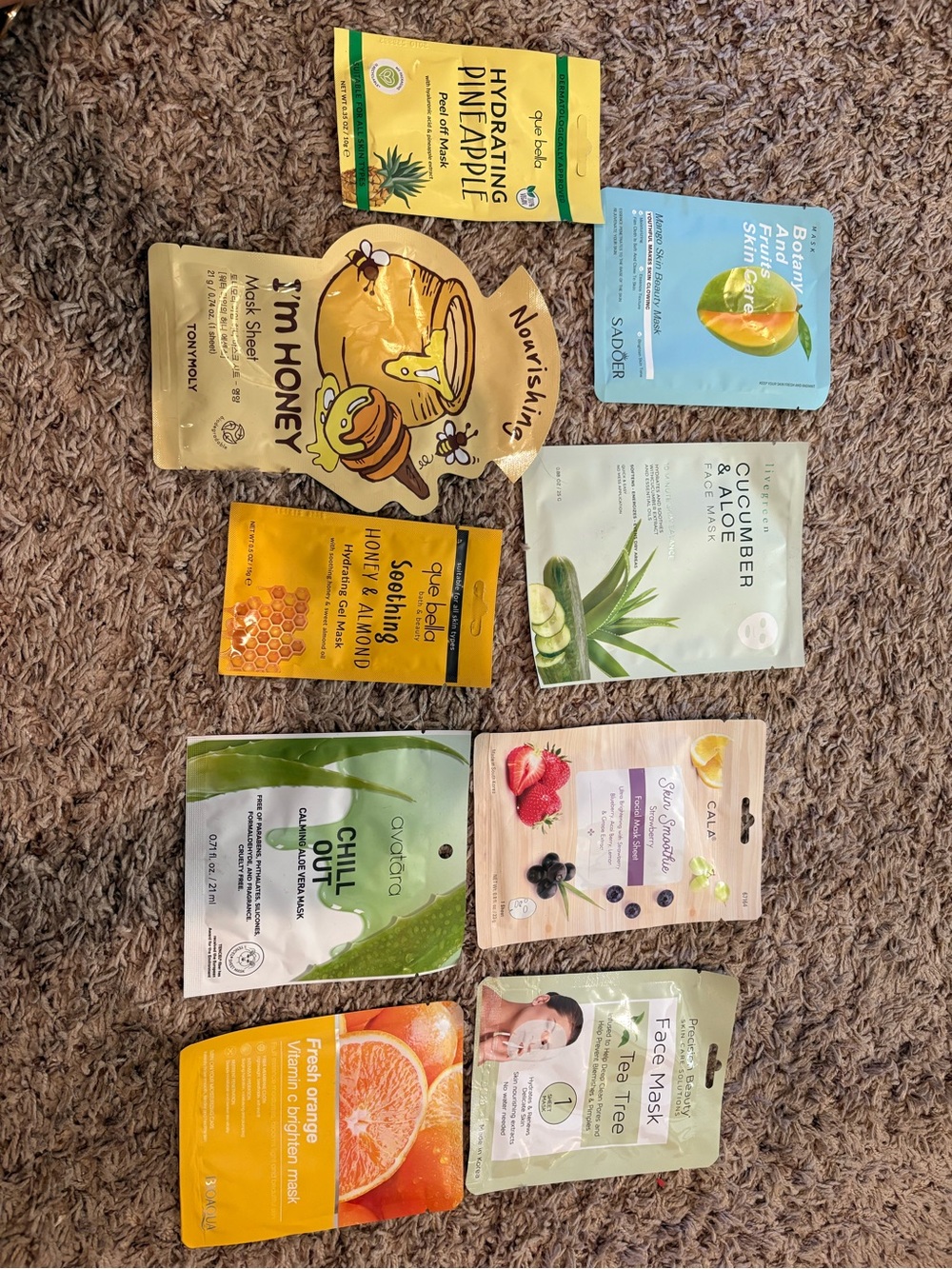 Assorted Women’s Sheet Face Masks - Hydrating Pineapple, Honey & Aloe Varieties